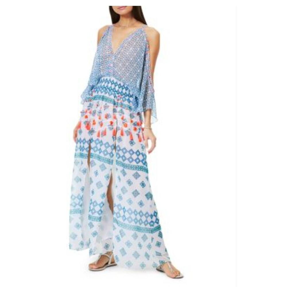 Ramy Brook Blue and Coral Cold-Shoulder Printed Maxi Dress